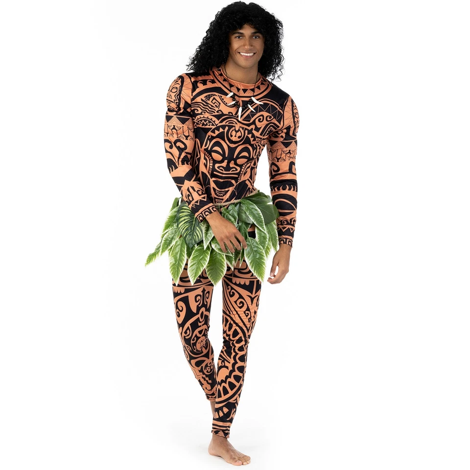 Mens Maui Costume Adult Tattoo Warrior Hawaiian Polynesian Demi God Bodysuit - Image 1 of 4