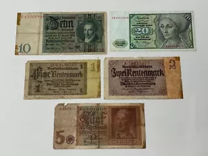 5 Old German Banknotes 1920's 1930's 1940's Rentenmark Deutche Mark Reichsmark - Picture 1 of 2