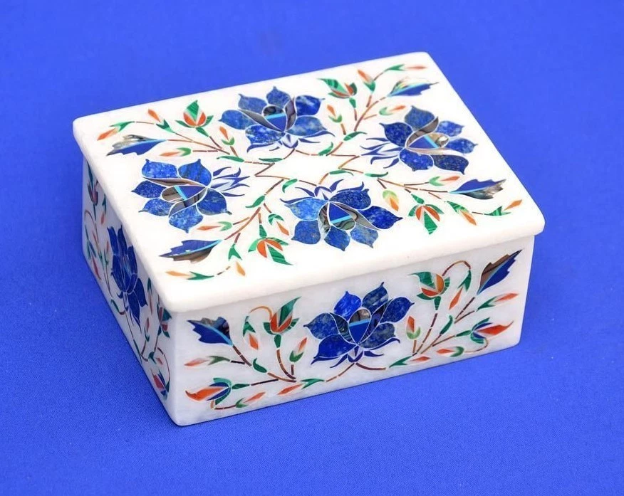 Marble jewelry Box lapis floral semi precious stone fine inlay home decor - Image 1 of 1