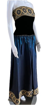 Vestido Vintage Años 80 Albert Capraro Talla 2 Dorado Bordado Negro Terciopelo Azul Tafetán Foto 1 de 4