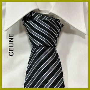 Celine Silk Logo Regimental Stripe Tie Black/Gray Made in Italy Used - Picture 1 of 11