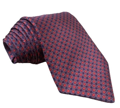 Corbata clásica Alain Figaret seda roja con estampado azul Plus y engranajes hecha a mano en Francia Foto 1 de 4