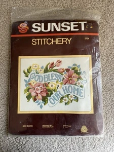Sunset Stitchery Kit #2704 God Bless Our Home Fits 9x12 Frame Vtg 1982 Sealed - Picture 1 of 2