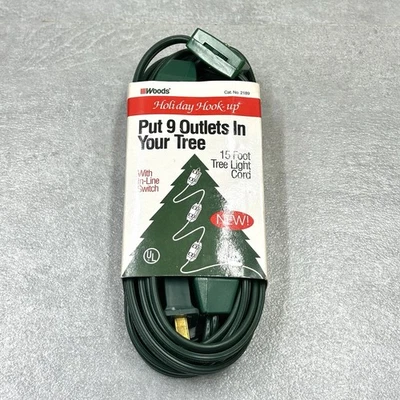 Woods Holiday Hook-Up 15 Foot Tree Light Cord, 9 Outlets, In-Line Switch, Green - Image 1 of 4