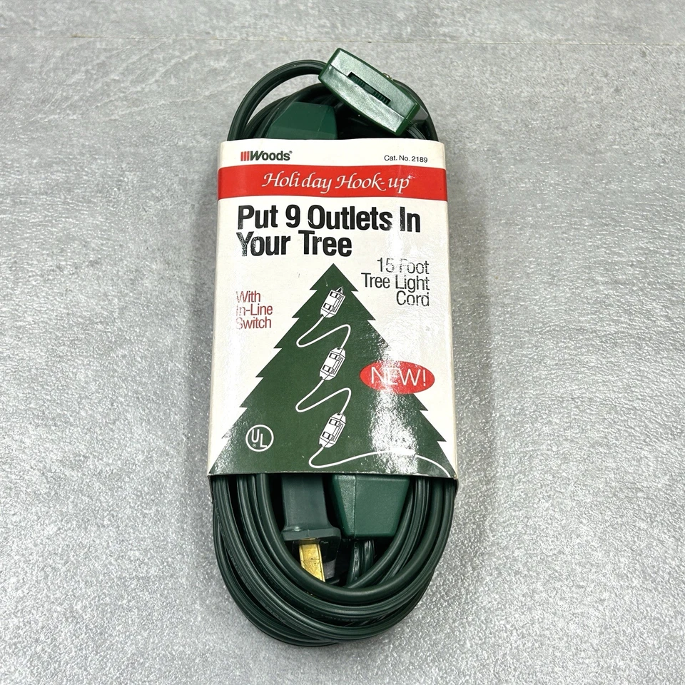 Woods Holiday Hook-Up 15 Foot Tree Light Cord, 9 Outlets, In-Line Switch, Green - Image 1 of 4