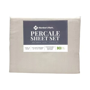 Member's Mark Percale 400 Thread Count Cool & Crisp 4-Piece Sheet Set (Stone - Picture 1 of 2