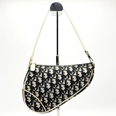 Christian Dior Saddle Bag Trotter Oblique Monogram Canvas Leather Handbag Black - Image 1 of 4
