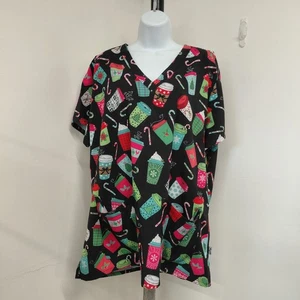 Ava Therese Holiday Scrub Top Donna Taglia 2XL Rosa e Nero Tazze Caffè Coperchio - Foto 1 di 14
