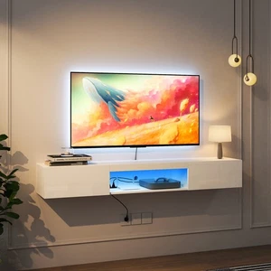 Gloss Floating TV Stand Wall Mounted 16 Color LED Media Console Table For up 65" - Picture 1 of 13