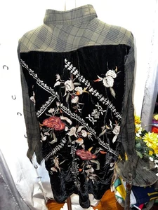 Kyla Seo Women's Embroidered Velvet Back Janis Button Up Shirt Plaid SZ Large - Picture 1 of 12