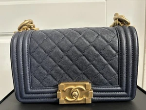 CHANEL Boy Caviar/Quilted Shoulder Bag Small Navy Blue Leather - Picture 1 of 9