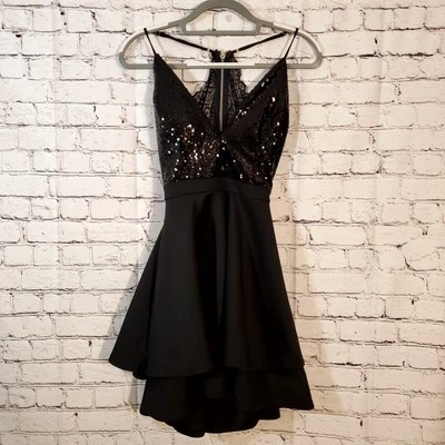 Emerald Sundae Black Plunge Neck Mini Fit & Flare Dress Juniors Size M - Image 1 of 4