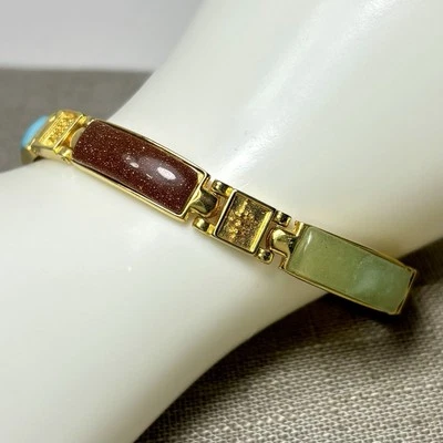Pulseira painel asiático várias pedras preciosas tom dourado magnética jadeíta turquesa LEIA - Imagem 1 de 4