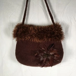 Handmade Wool Felted Shoulder Bag Purse Brown Fringe Feather Accent Snap Closure - Picture 1 of 9