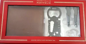 Perry Ellis Portfolio Men's Brown Bifold Wallet Three Keychain Gift Set - Picture 1 of 8