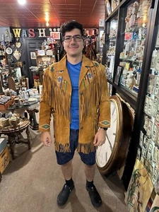 Vintage Native American Indian Fringe Leather Jacket Western made in the USA - Picture 1 of 14