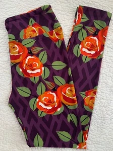 LuLaRoe Leggings OS Orange Gold Roses Vines Purple Diamond Trellis Lattice VTG - Picture 1 of 2
