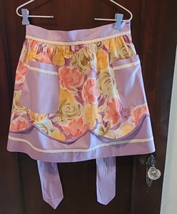 MCM Handmade Floral Half Apron w 2 Pockets 19.5" Long Pink Lavender Green White - Picture 1 of 6