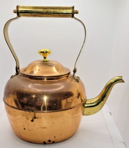 Vintage Kettle Copper & Brass Swan Neck Vintage Brass Handle & Finial Korea - Picture 1 of 9