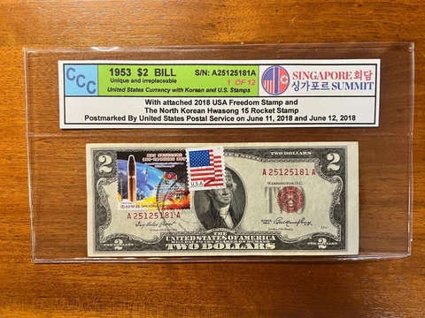 1953 USA $2 Note with attached stamps - USA and Korea - Singapore Summit 2018 Cover