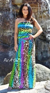 USA Neu JUP Damen GRÜN BLAU AMAZON TIER MAXI RÖHRENKLEID BOHO TRÄGERLOS S M - Bild 1 von 4