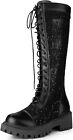 Perphy Platform Lace Up Chunky Low Heel Knee High Combat Boots for Women 