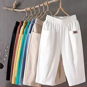 Womens Capri Pants Casual Cropped Pants Elastic Waist Summer Trousers 3/4 Length - Picture 1 of 27