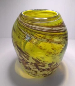 Vintage Hand Blown Art Glass Vase yellow ,brown, white Swirls spring decor 5.5" - Picture 1 of 8
