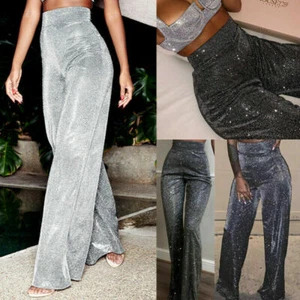 Ladies Glitter Trousers XMAS Party Wide Leg High Waist Pants Leggings Jogger UK - Picture 1 of 25