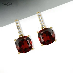 AAA Mozambique Red Garnet Dangling Earrings 1mm Pave Diamond In 14k Gold Jewelry - Picture 1 of 22