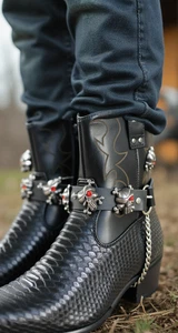 Men Western Boots Bracelets Silver Chain Black Faux Leather Strap Pirates Skulls - Picture 1 of 23