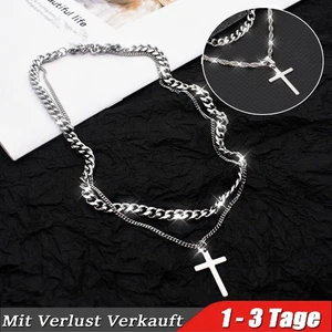 Mode Herren Halskette Doppel Kreuz Anhänger Edelstahl Kubanische Kette Halskette - Bild 1 von 8
