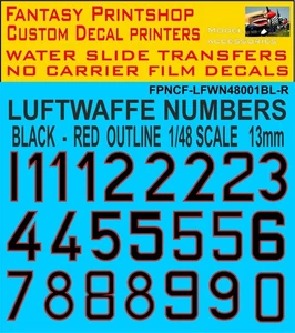 Números de código de la Luftwaffe alemana NEGRO - CONTORNO ROJO 13 mm FPNCF-LFWN48001BL-R - Imagen 1 de 4