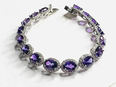 14K 镀白金模拟椭圆形紫水晶女式婚礼服装网球手链 — 第 1/4 张图片