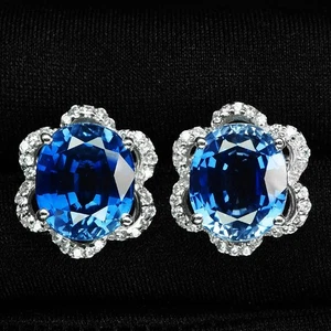 Orecchini fatti a mano in argento sterling 925 ovale 12,30 ct zaffiro blu... - Foto 1 di 6