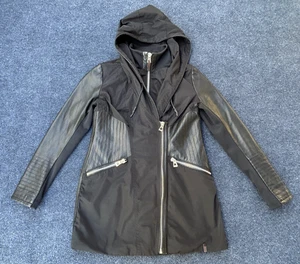 RUDSAK Women's Hooded Full Zip Trench Coat Jacket Leather Sleeves Trim Large - Picture 1 of 24
