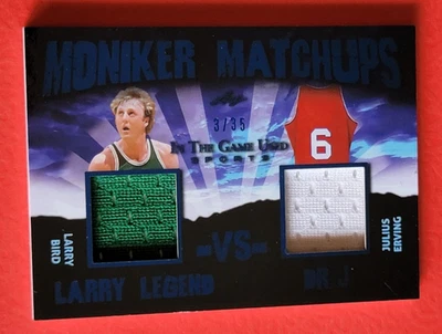Larry Bird GAME USED JERSEY CARD #d3/35 DR J JULIUS ERVING 2020 LEAF IN THE GAME - Image 1 of 3