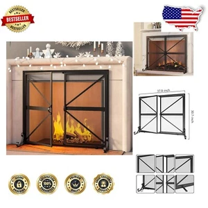 Heavy-Duty Spark Guard Fireplace Screen with Doors - Modern Wrought Iron Design - Picture 1 of 10