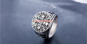 Stainless Steel Catholic St Saint Benedict Exorcism Medal Cross Ring 7-12# J538 - Picture 1 of 11