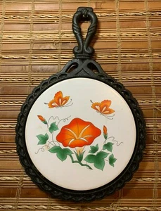Vtg Iron & Tile Trivet Orange Butterflies Flower Wall Hanger Footed Hot Plate - Picture 1 of 9