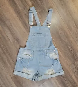 Dollhouse Overalls Shorts Womens Juniors 7/8 Distressed Blue Denim Light Wash - Picture 1 of 9