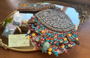 Mary Frances Beaded Handbag Purse Turquoise Glass Beads on Japanese Silk - Picture 1 of 24