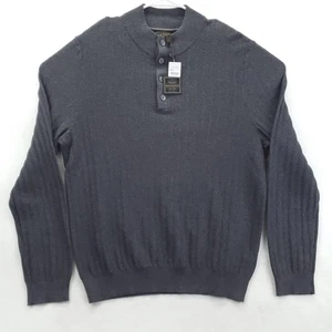 NEW Jos A Bank Reserve Sweater Men Large Charcoal Henley Herringbone Cotton Silk - Picture 1 of 11