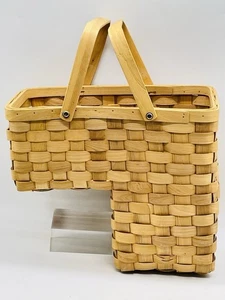 Vtg Large Stair Step Wooden Basket Woven Weave Double Handle 13” x 15.25” x9” - Picture 1 of 13