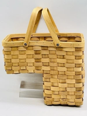 Vtg Large Stair Step Wooden Basket Woven Weave Double Handle 13” x 15.25” x9” - Image 1 of 4