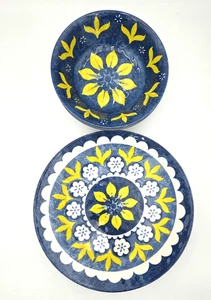 Citrus Grove Melamin Speiseteller Schüsseln Set blau gelb Blumen 8-teilig Vintage Stil - Bild 1 von 5