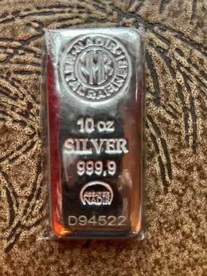 Barra de plata de 10 onzas - Refinería de metal Nadir - 9999 fina - ENVOLTURA DE STOCK INTACTA Foto 1 de 2