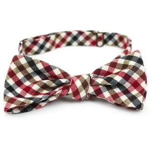 Vintage Handmade Brown/Red/Navy Gingham Check Cotton Self-Tie Bow Tie Adjustable - Picture 1 of 3