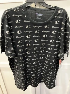 New Champion Mens XL Black All Over Print Logo Tee T Shirt Short Sleeve NWT - Picture 1 of 5