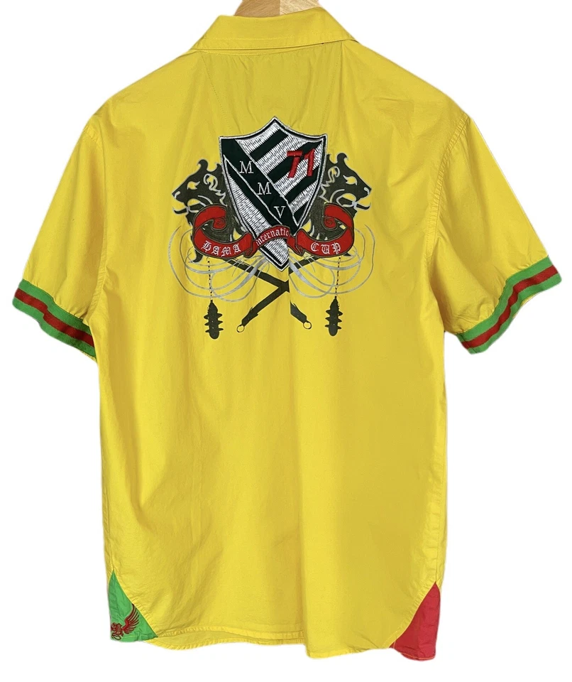 HAMA MENS BUTTON DOWN YELLOW W/MULTI COLORS EMBROIDERED SHORT SLEEVE SLEEVE LRGE - Image 1 of 4